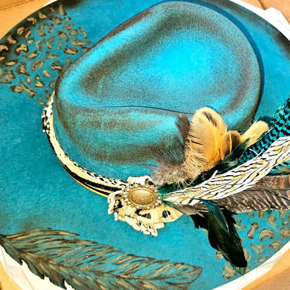 Charlie 1 Horse Turquoise HAND Burned Hat - Picture 2 of 5